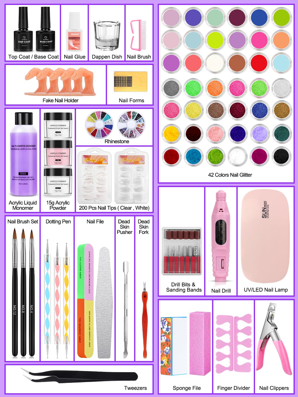 Quaferen 42-colors glitter powder ready for creative nail designs.