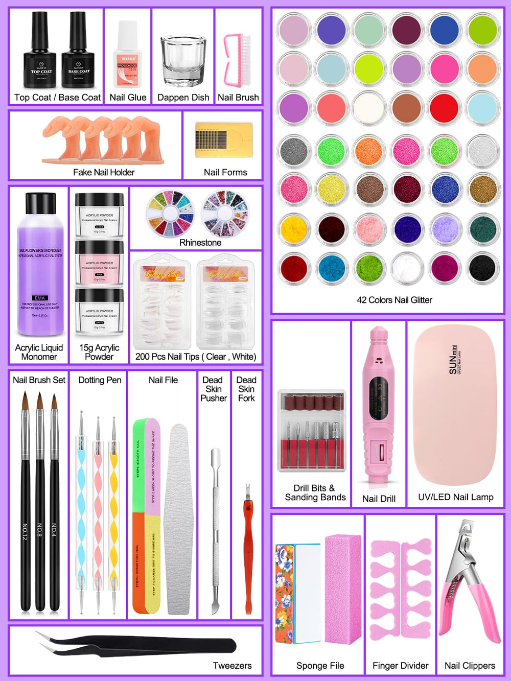 Quaferen 42-colors glitter powder ready for creative nail designs.