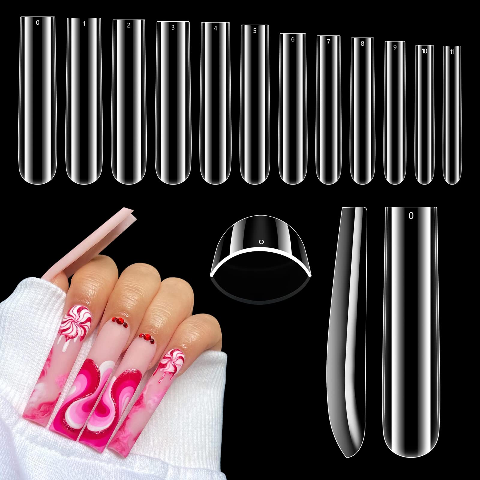 Quaferen 504pcs clear square nail tips assembly showing crystal-clear full-coverage nails for salon use