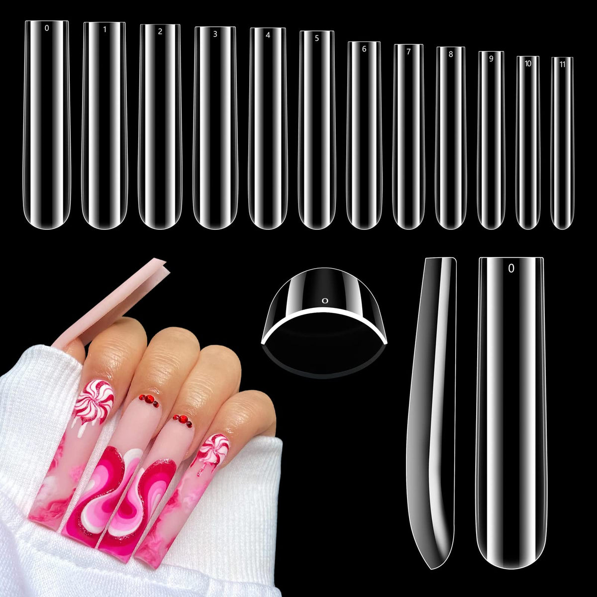 Quaferen 504pcs clear square nail tips assembly showing crystal-clear full-coverage nails for salon use