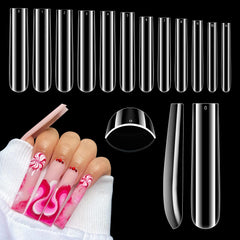 Quaferen 504pcs clear square nail tips assembly showing crystal-clear full-coverage nails for salon use