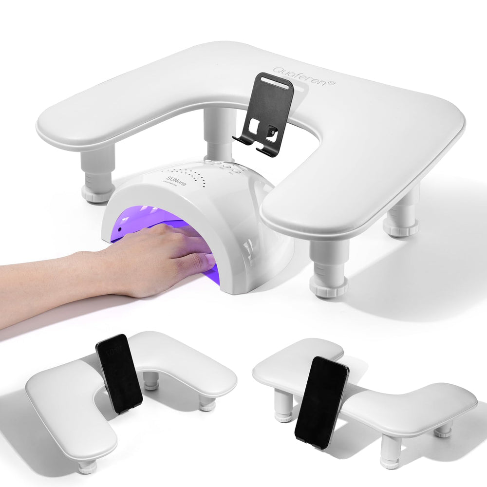 Quaferen Arm Rest for Nails Tech with rotating phone stand enables hands-free design checks.