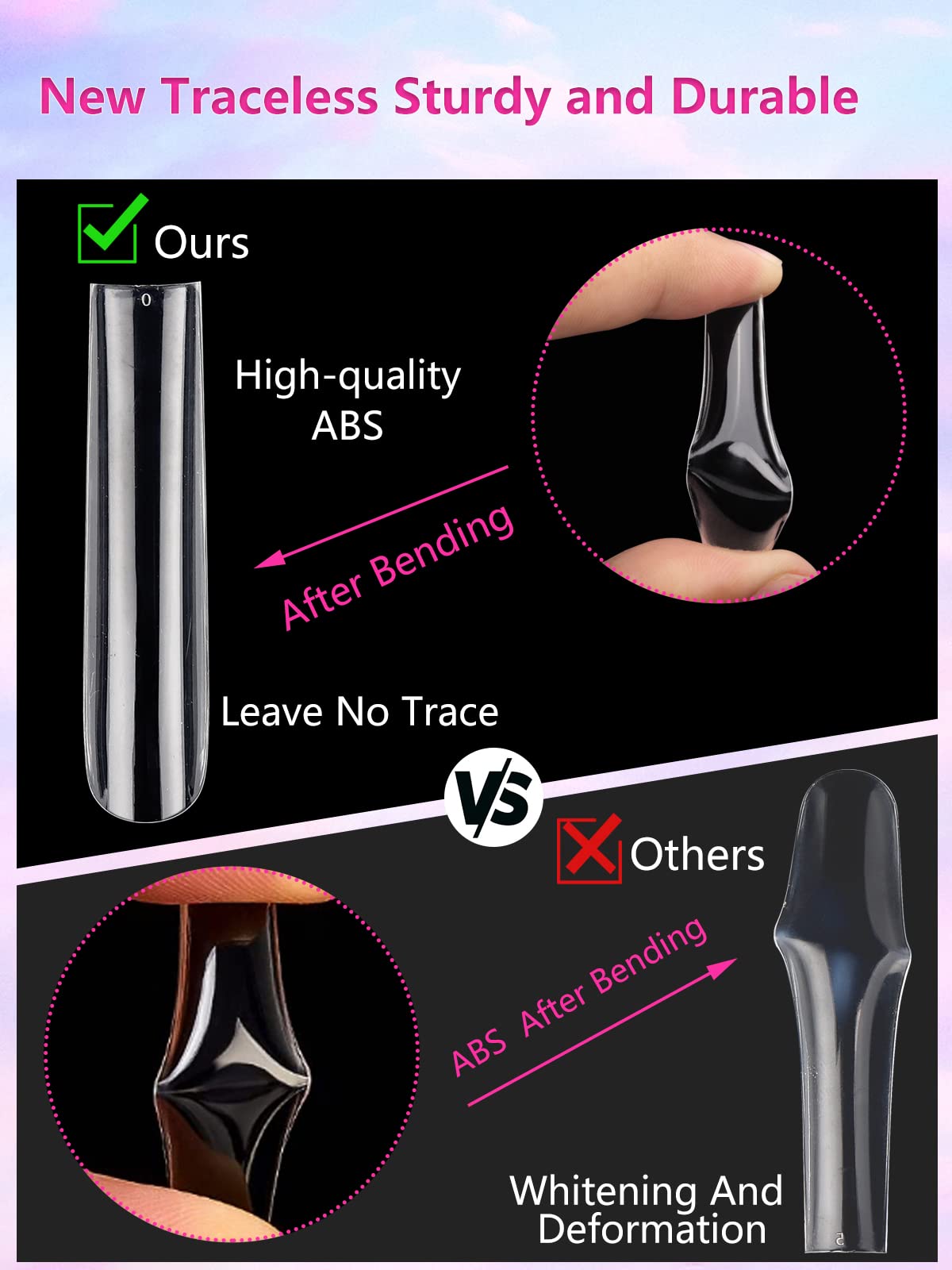 Quaferen full-cover clear nail tips no-C-curve providing clean seamless nail extensions