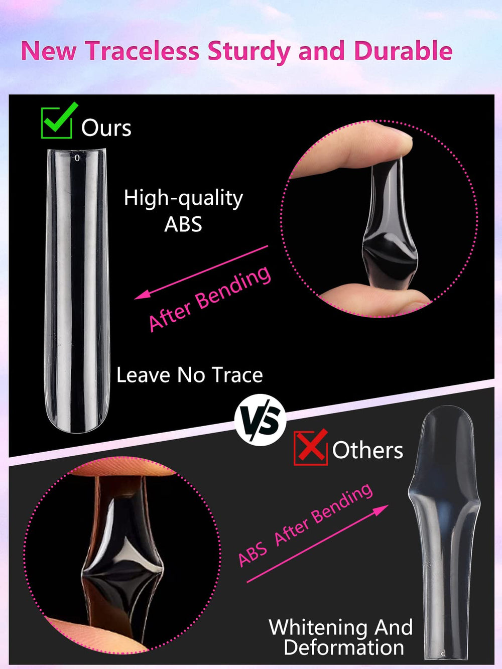 Quaferen full-cover clear nail tips no-C-curve providing clean seamless nail extensions