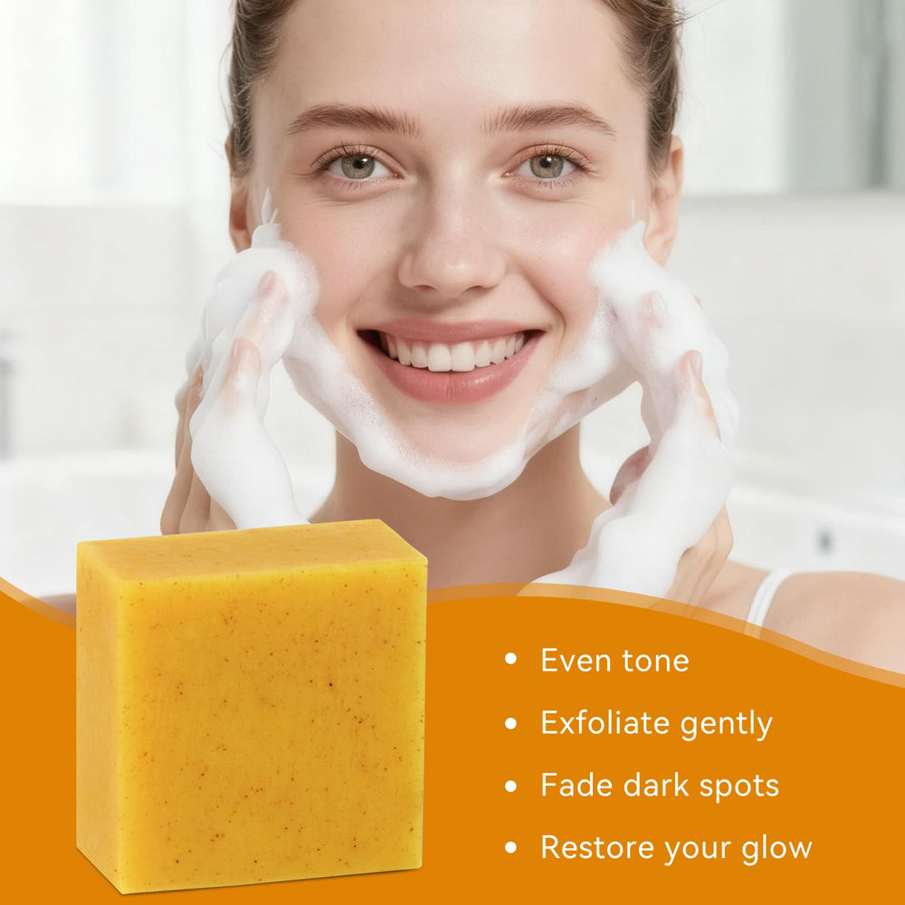 QualiLife Kojic turmeric soap bar on wooden dish with natural lighting