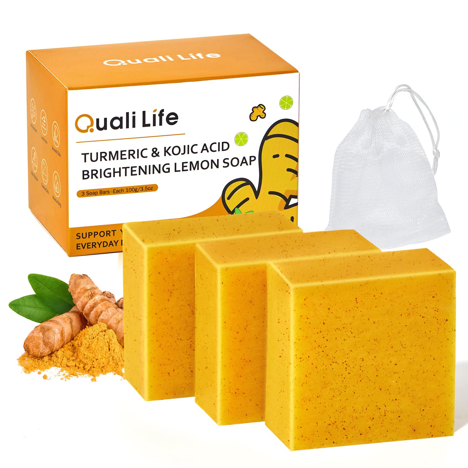 QualiLife Kojic turmeric soap bar pack front view for brightening skincare routine