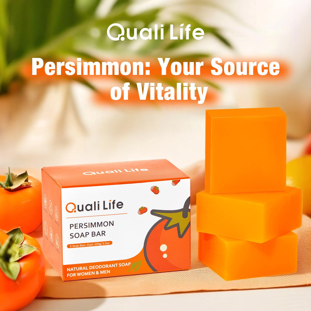 QualiLife persimmon soap bar daily-use scene emphasizing lasting freshness.