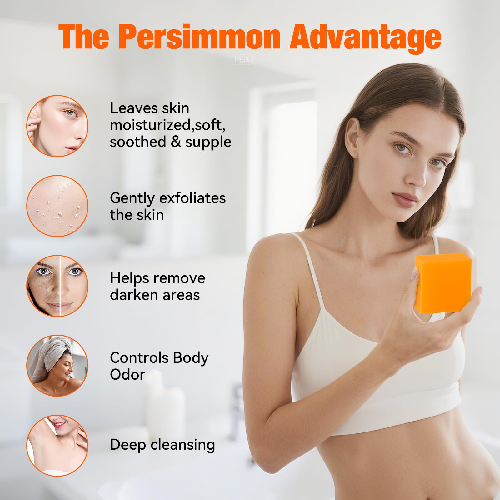 QualiLife persimmon soap bar foam close-up showing rich bubbles for refreshing wash.