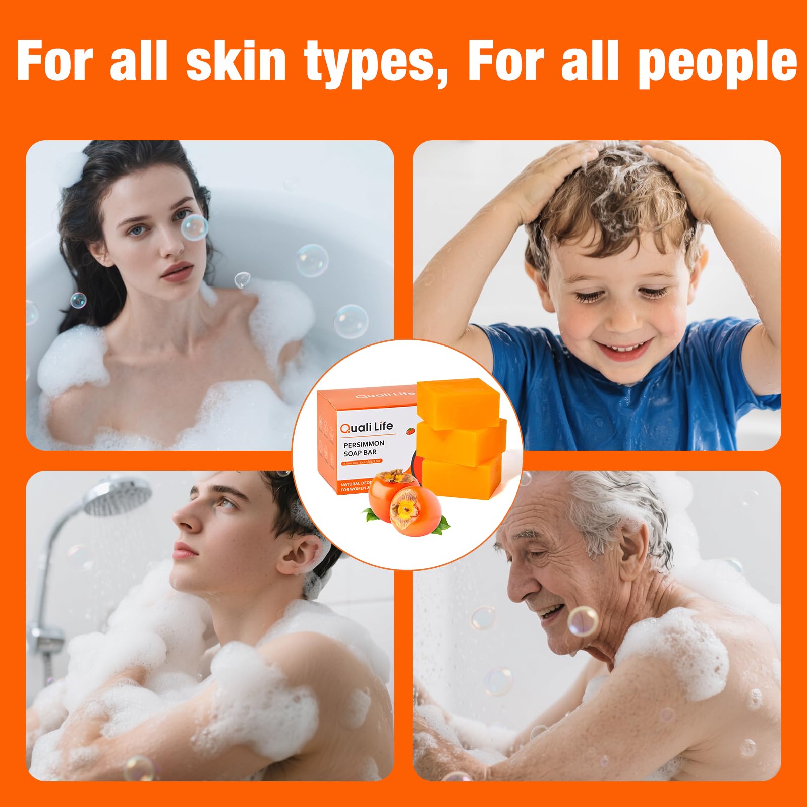 QualiLife persimmon soap bar unisex packaging close-up, vegan-friendly appeal.