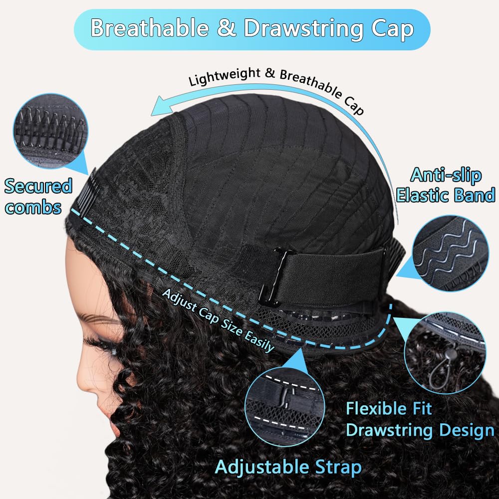 QUANDIAN kinky curly half wig breathable cap keeps scalp cool