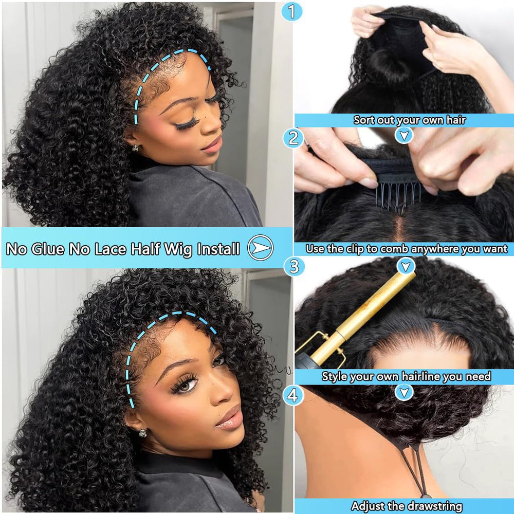 QUANDIAN kinky curly half wig drawstring adjustment demonstrates quick, secure wear