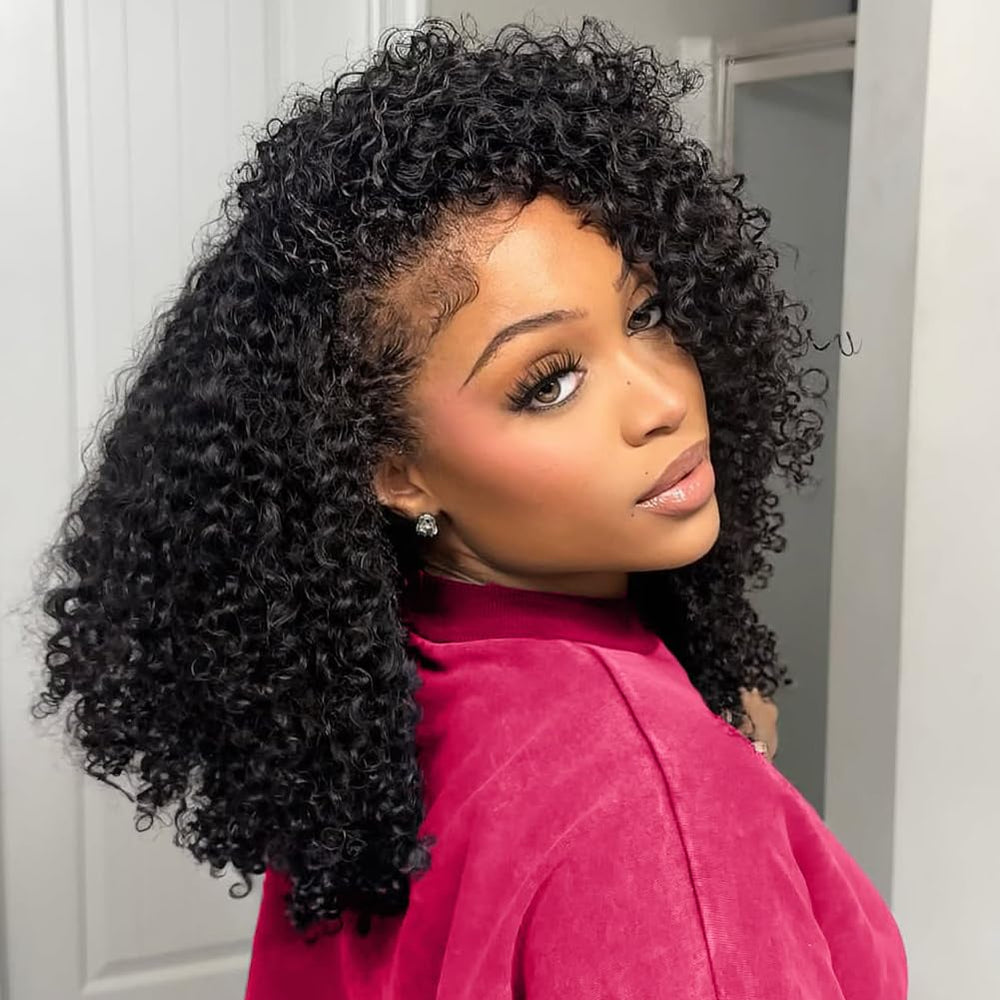 QUANDIAN kinky curly half wig model wears a natural look without glue
