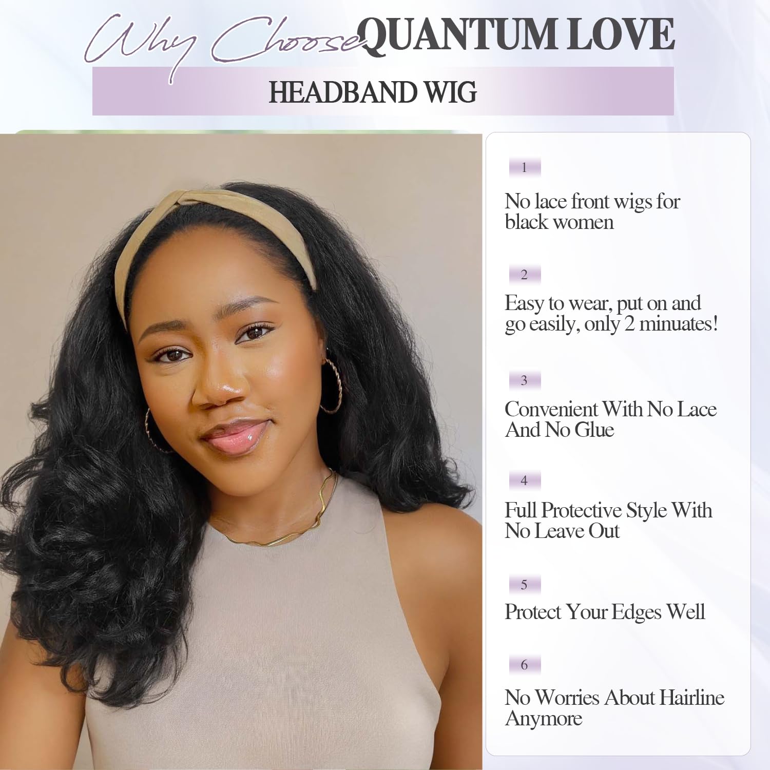 Quantum Love headband wig with attached pattern band adds variety to looks.