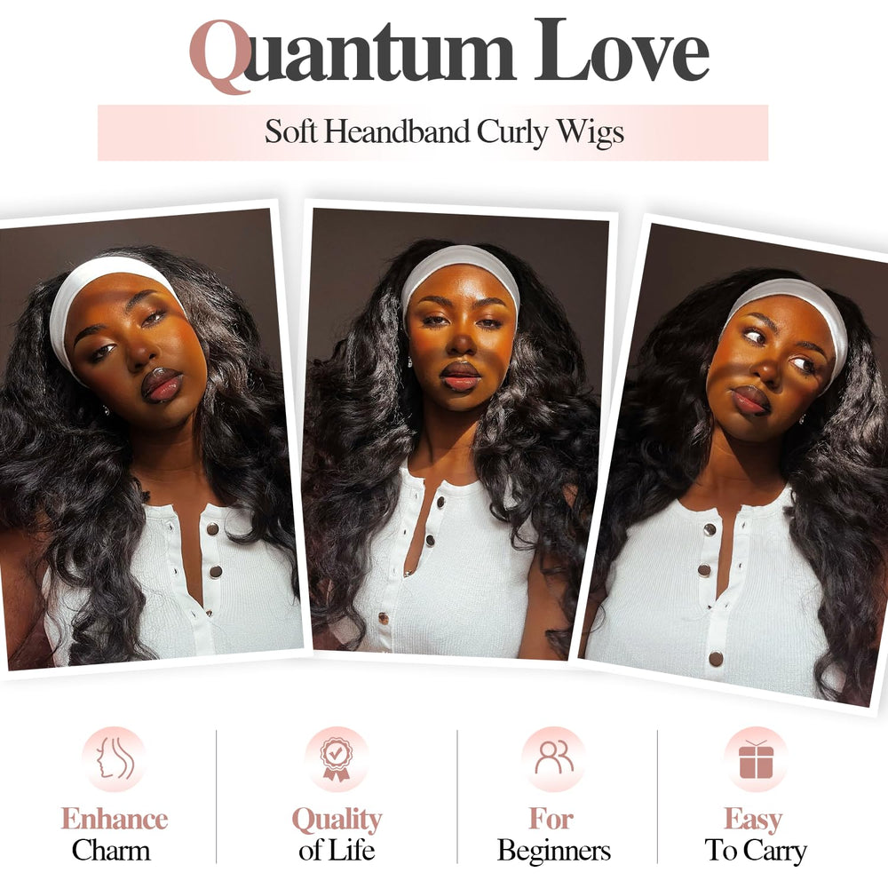 Quantum Love Yaki Curly Headband Wig back view demonstrating full-length curls and volume.