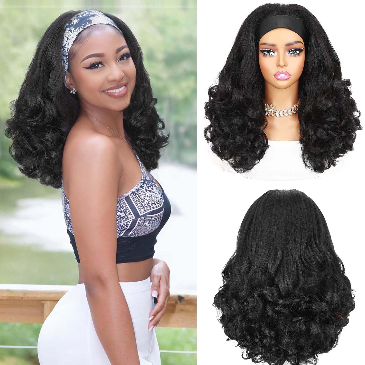 Quantum Love Yaki Curly Headband Wig close-up shows natural texture and seamless headband for easy styling.
