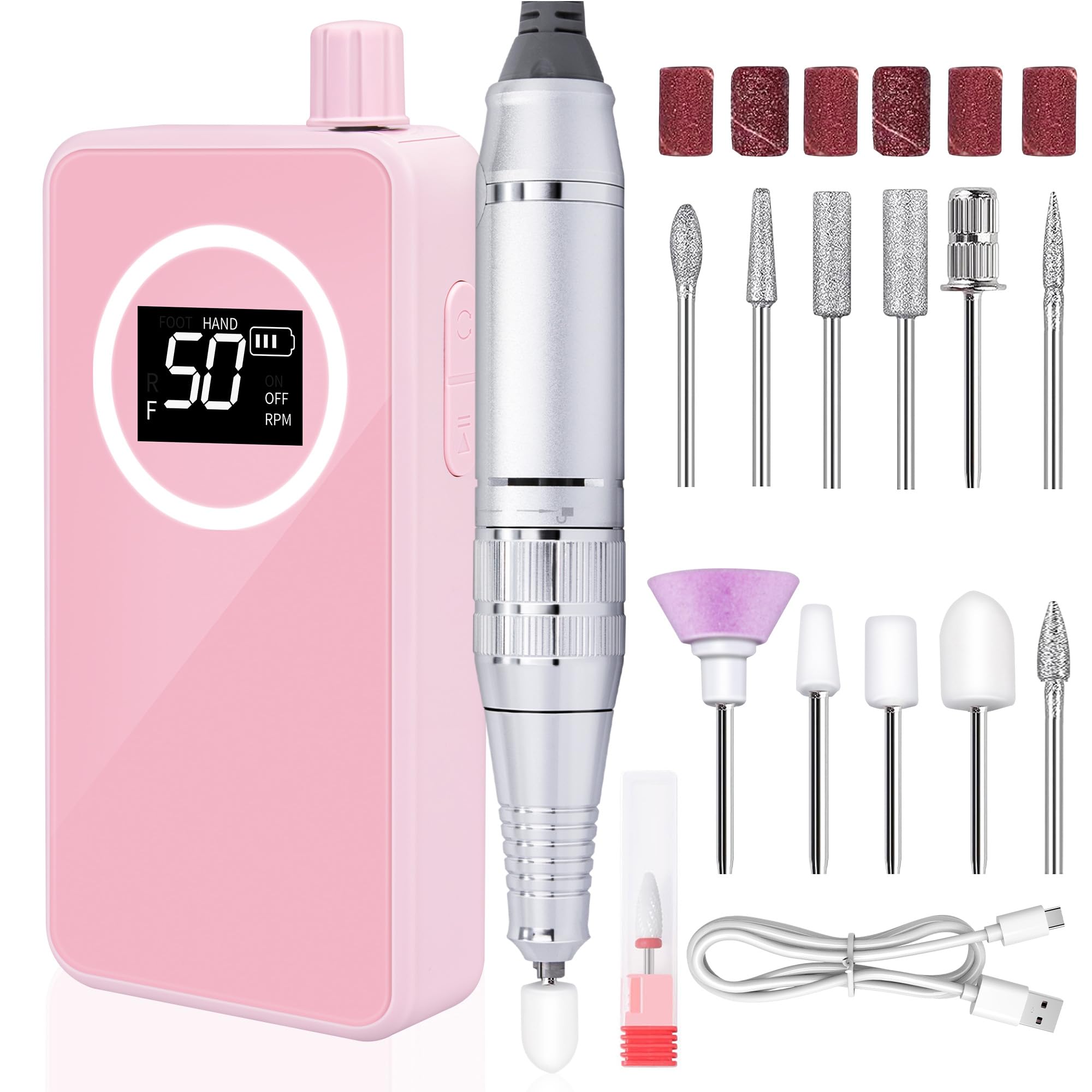 Qaucdlnd Nail Drill front view shows 50,000 RPM power for precise filing.