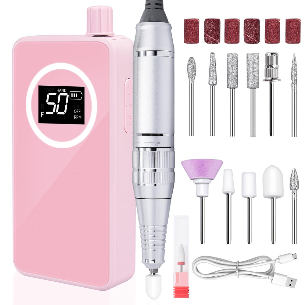 Qaucdlnd Nail Drill front view shows 50,000 RPM power for precise filing.