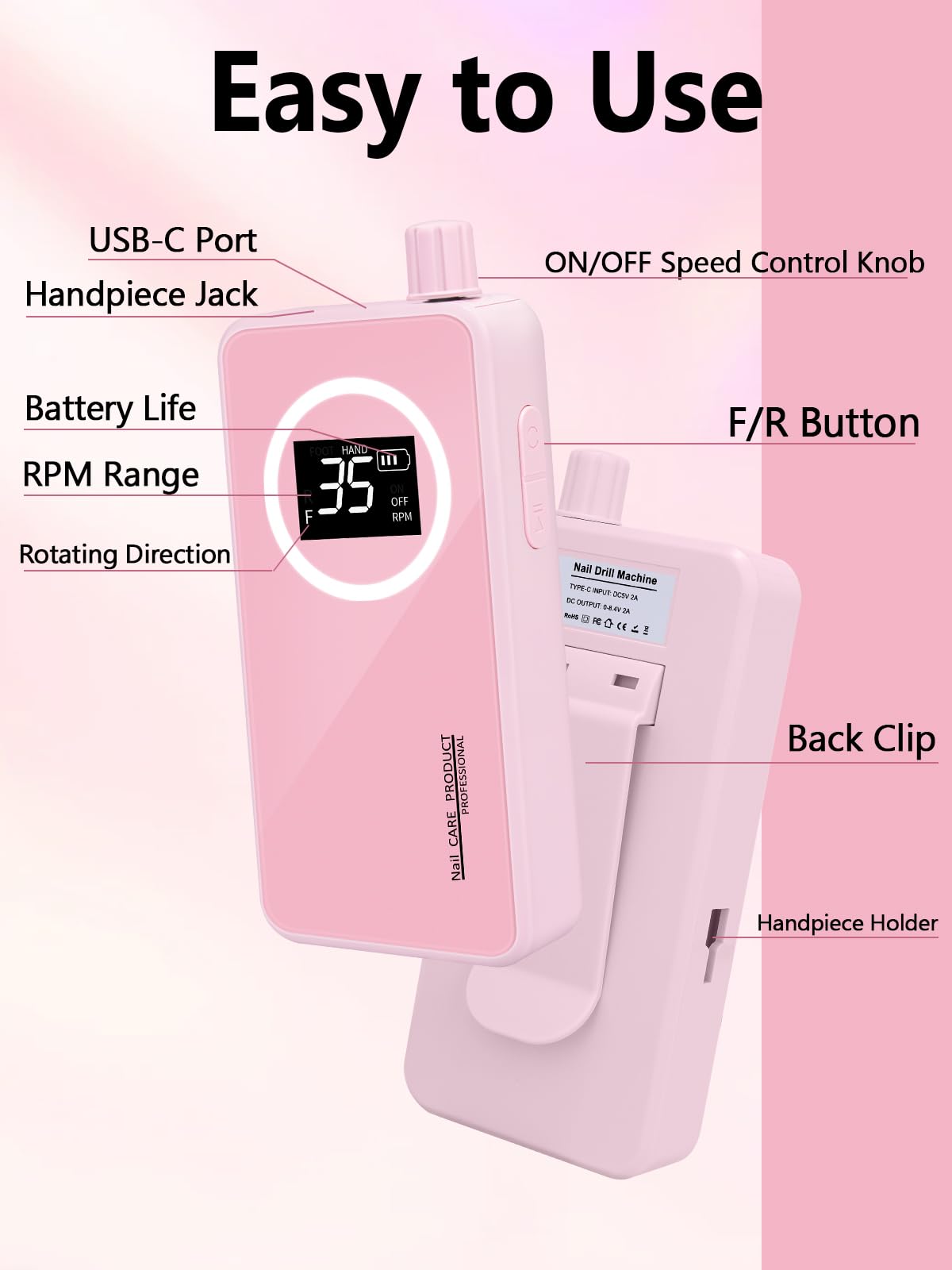 Qaucdlnd Nail Drill ergonomic and lightweight design for fatigue-free manicures.