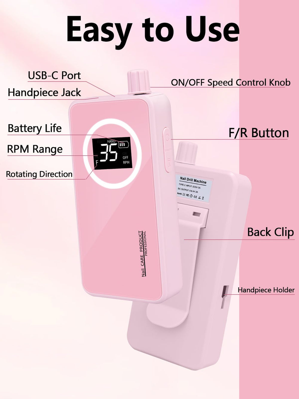 Qaucdlnd Nail Drill ergonomic and lightweight design for fatigue-free manicures.