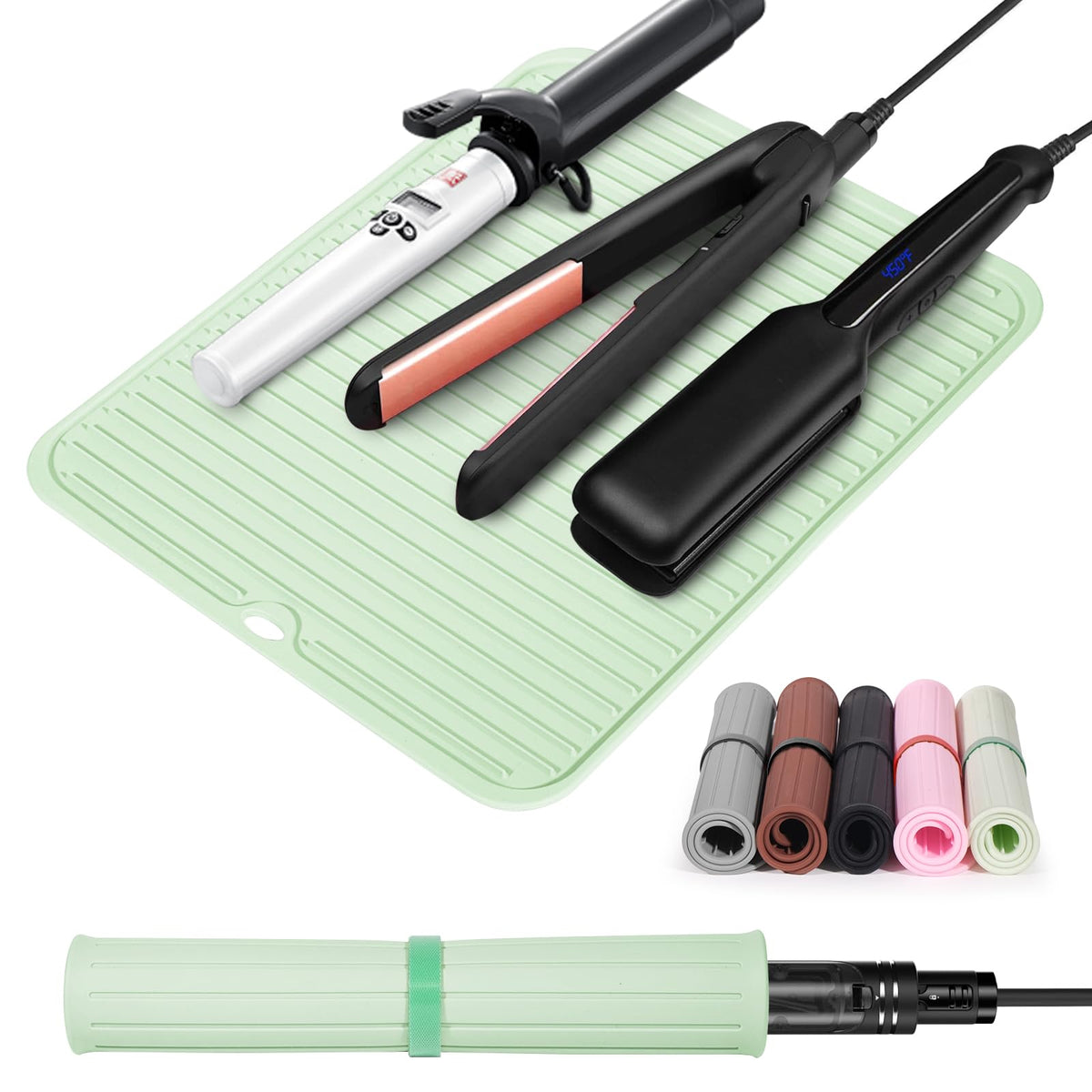 Quccefods large heat-resistant silicone mat flat view protects countertops during styling