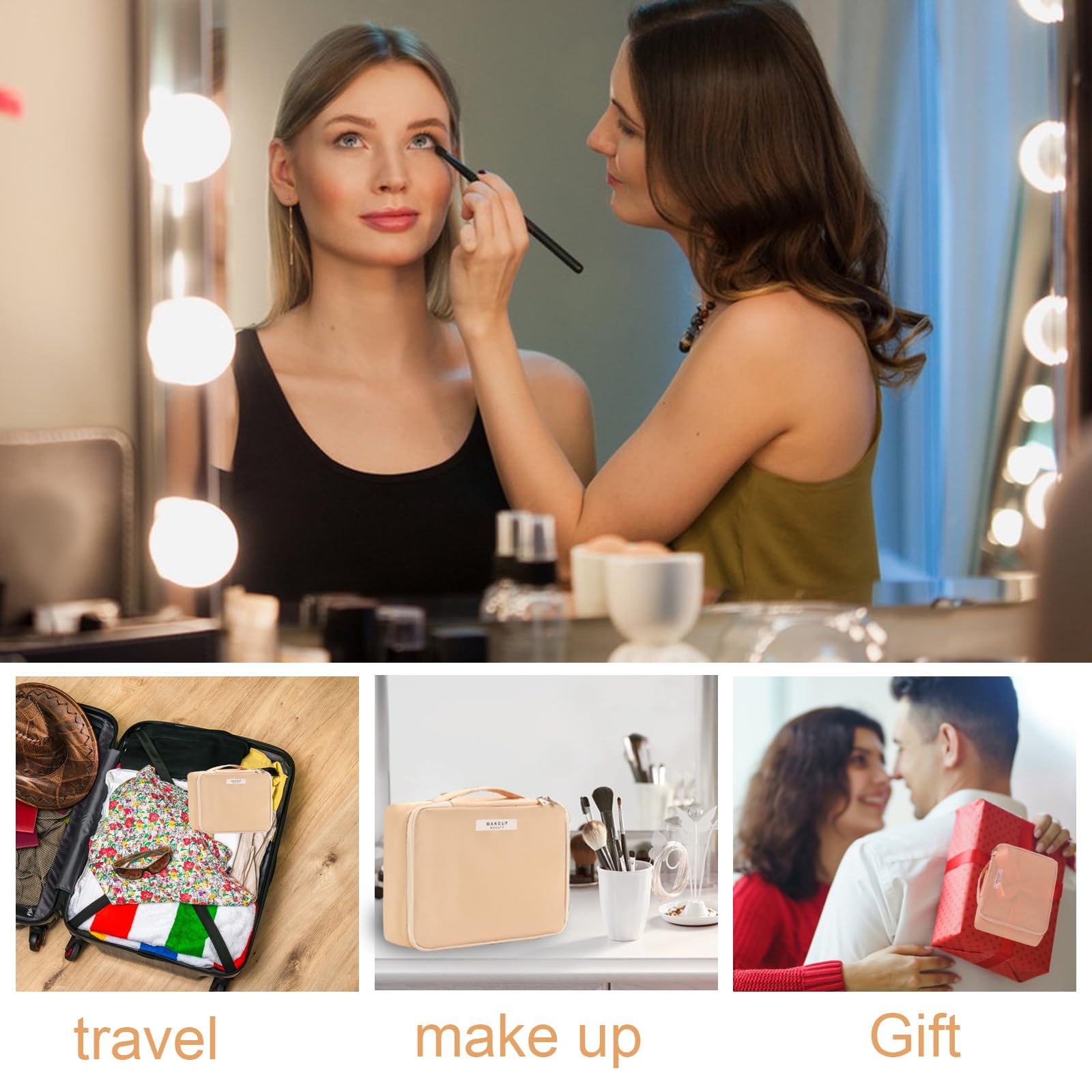 Queboom beige travel makeup bag in use on a trip highlights compact portability.