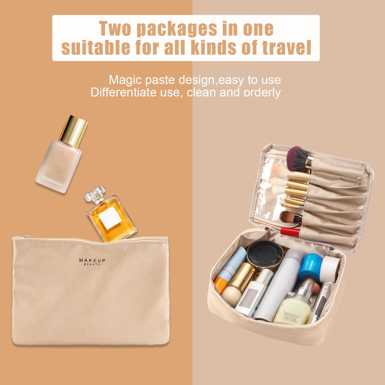 Queboom beige travel makeup bag shows soft, cushioned interior for protection.