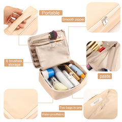 Queboom makeup bag features waterproof material to protect contents during travel.