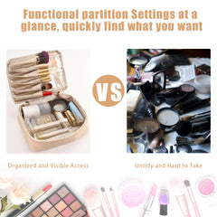 Queboom travel makeup bag brush compartment keeps brushes secure on the go.