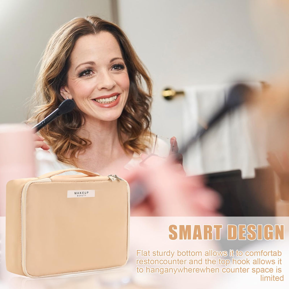 Queboom travel makeup bag includes detachable cosmetic pouch for flexible packing.