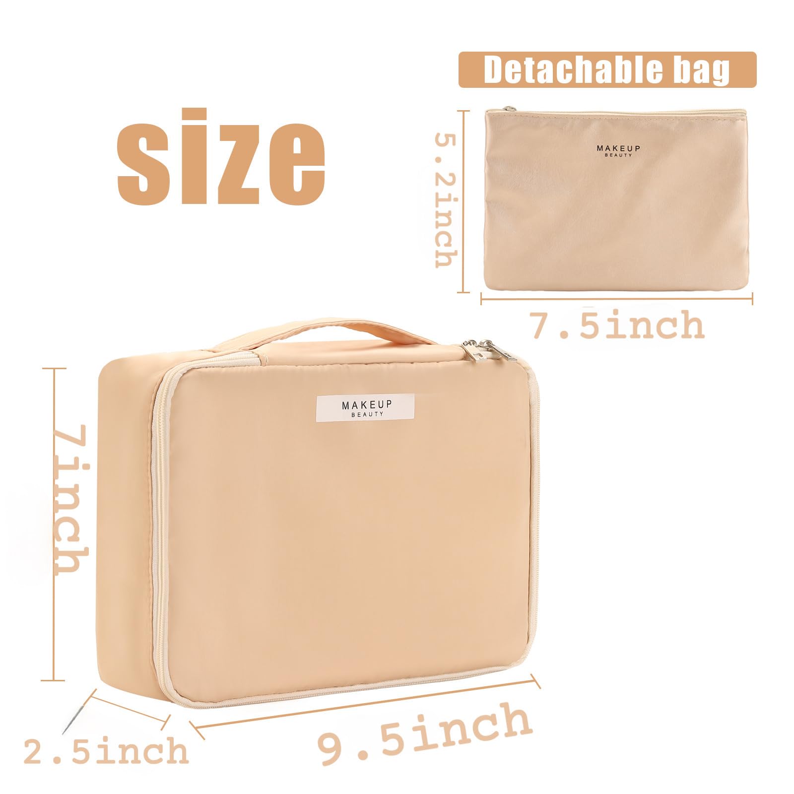 Queboom travel makeup bag interior layout showing three sections for easy access.