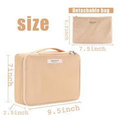 Queboom travel makeup bag interior layout showing three sections for easy access.