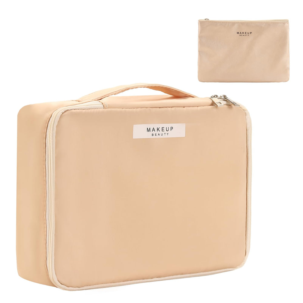 Queboom travel makeup bag with open compartments for organized cosmetics.