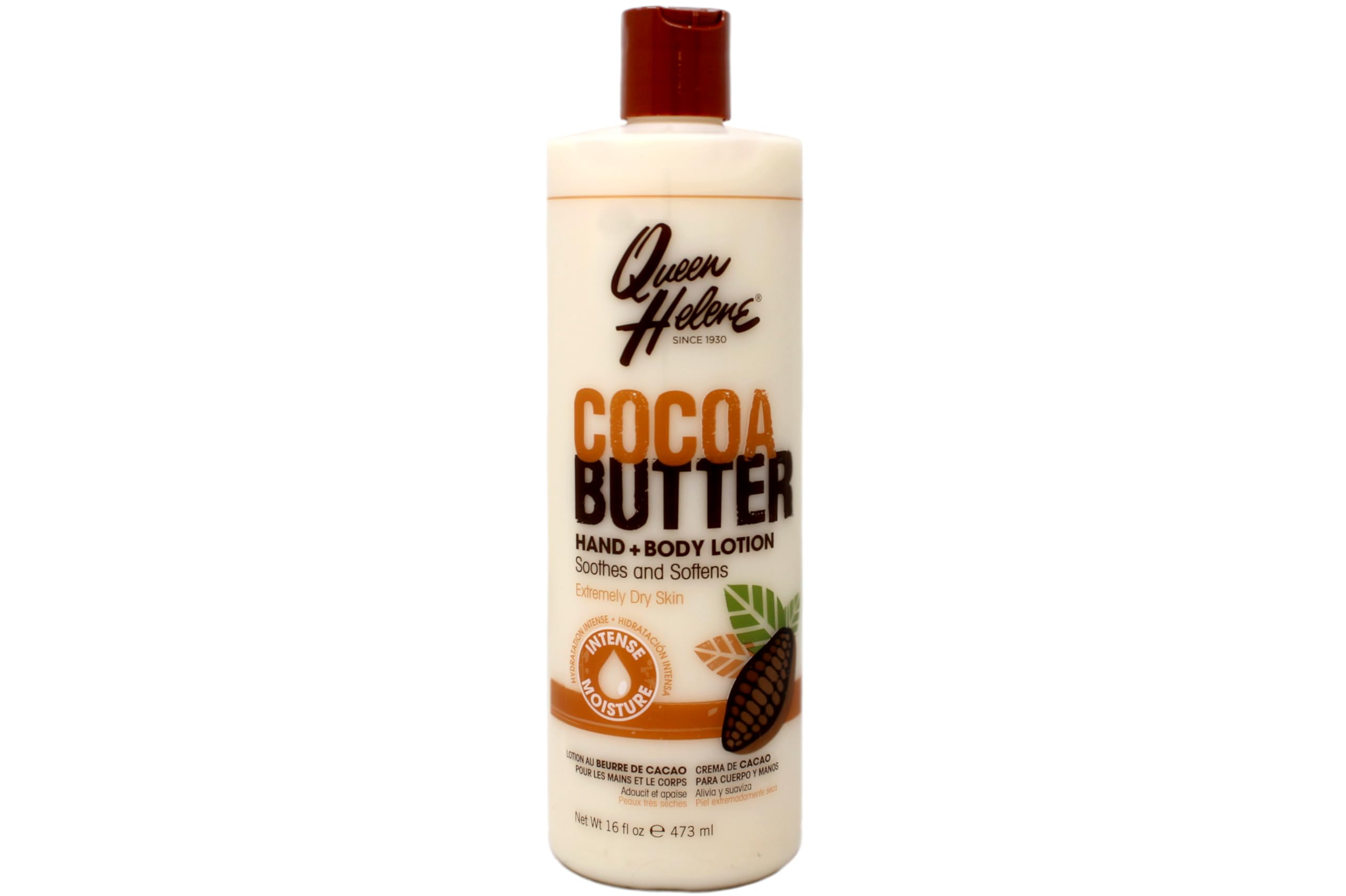 Queen Helene Cocoa Butter Lotion packaging back emphasizes ingredients and bottle size.