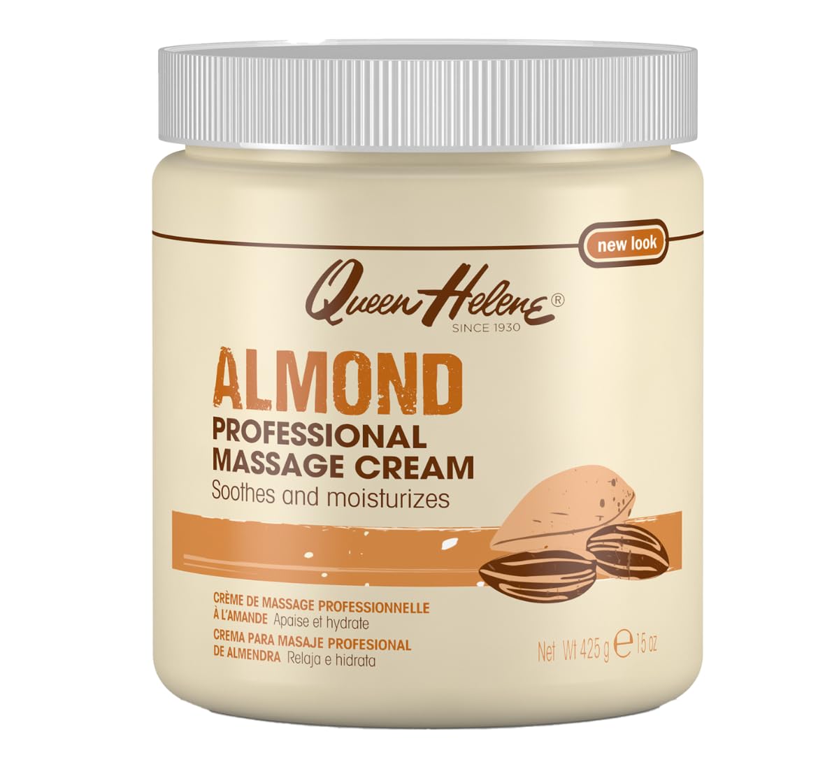 Queen Helene professional almond massage cream jar showcases rich texture for spa-quality moisturizing.