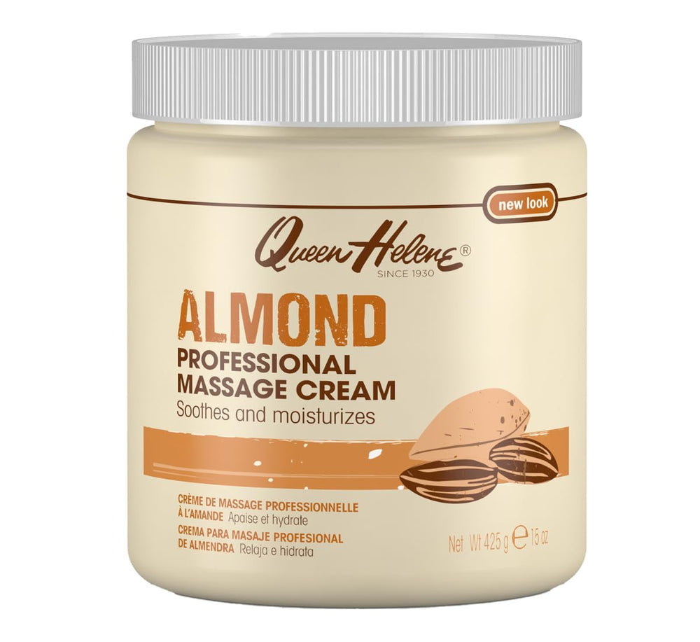 Queen Helene professional almond massage cream jar showcases rich texture for spa-quality moisturizing.