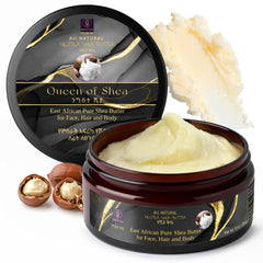 Queen of Shea East African shea butter jar close-up highlighting rich hydration for all skin types