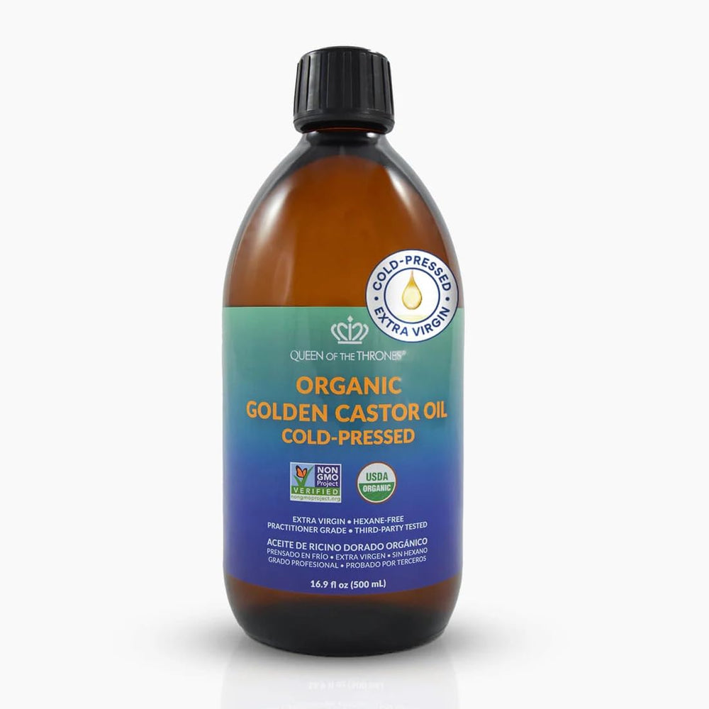 QUEEN OF THE THRONES Organic Golden Castor Oil amber glass bottle protects purity and longevity