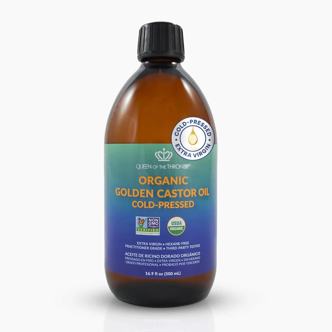 QUEEN OF THE THRONES Organic Golden Castor Oil amber glass bottle protects purity and longevity