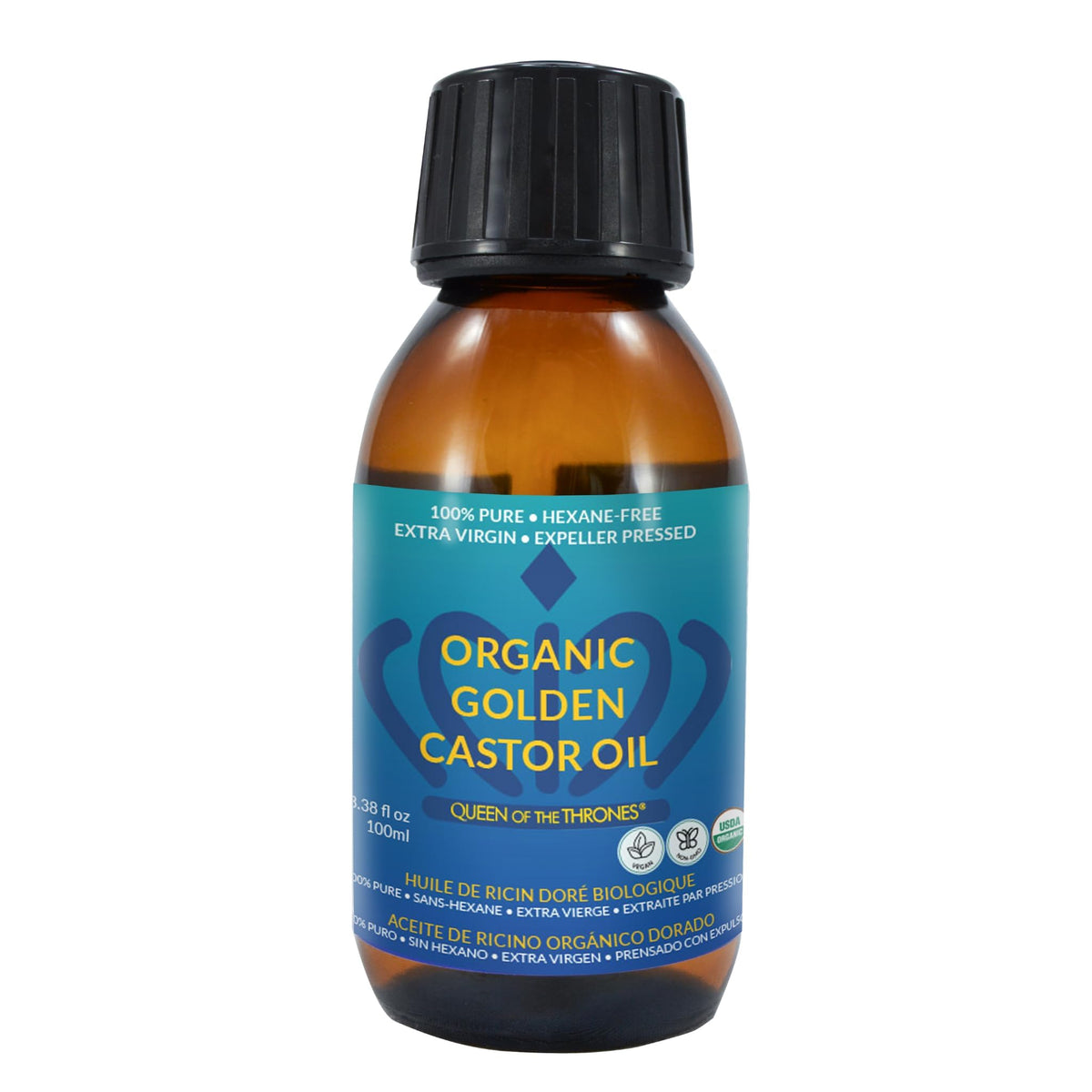 QUEEN OF THE THRONES Organic Golden Castor Oil bottle showcasing pure, versatile moisturizer.