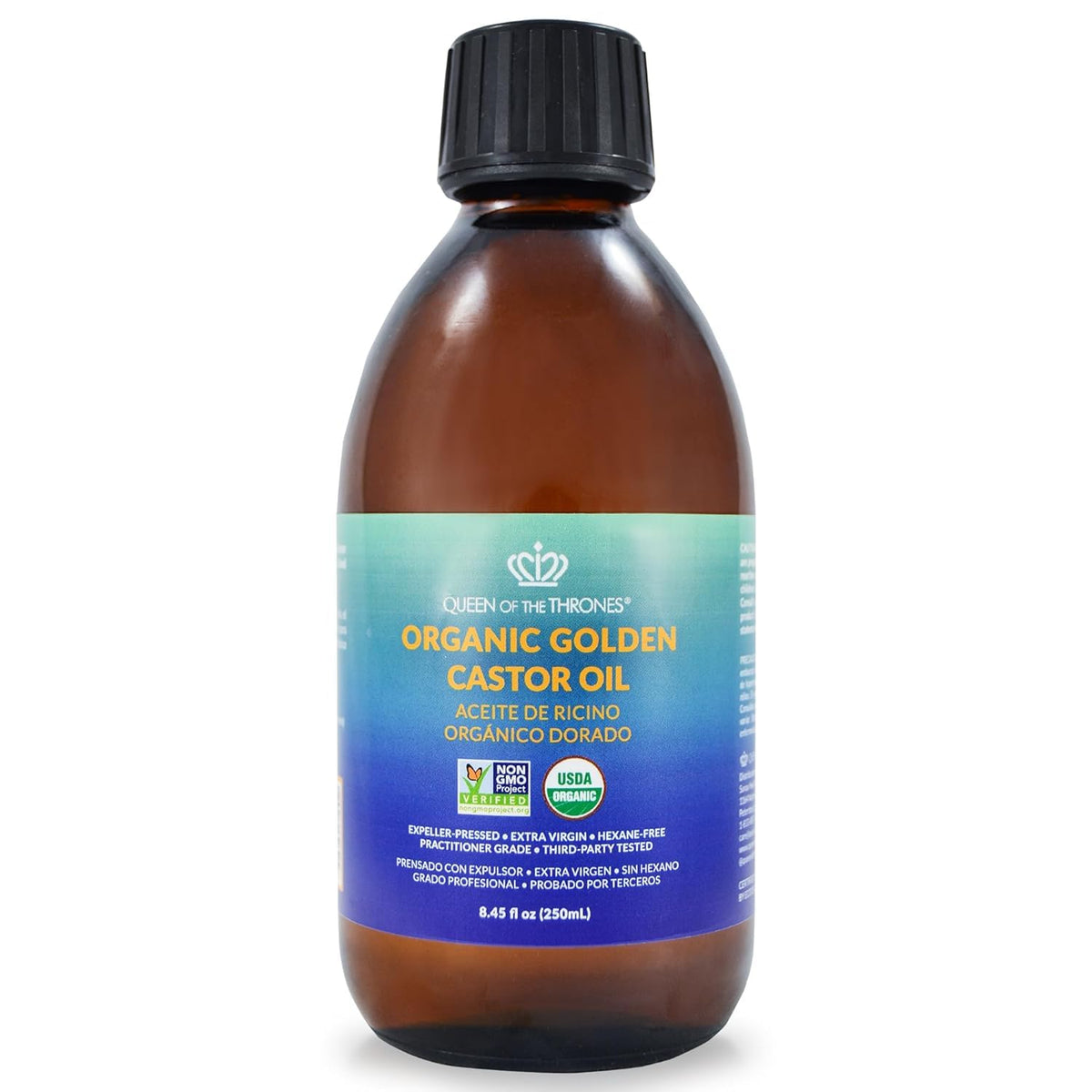 QUEEN OF THE THRONES organic golden castor oil bottle showcasing premium purity for hair and skin.