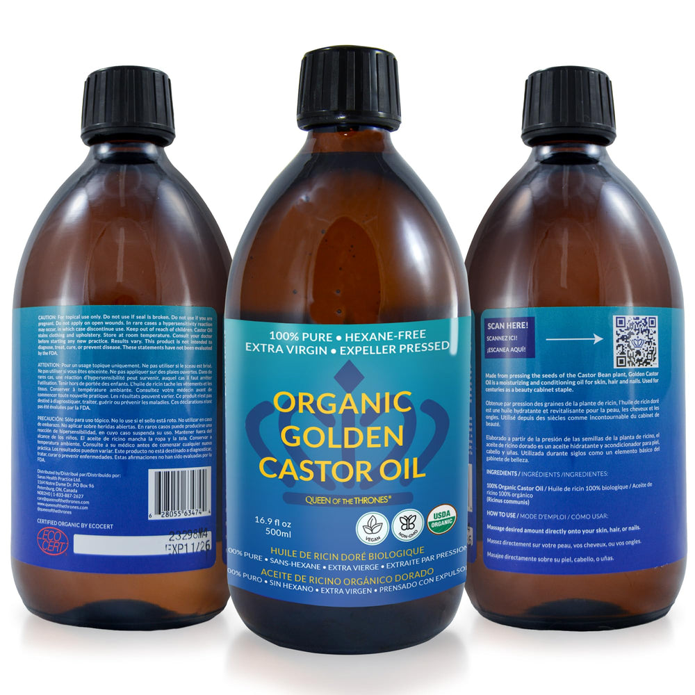 QUEEN OF THE THRONES Organic Golden Castor Oil massage oil delivers soothing relaxation