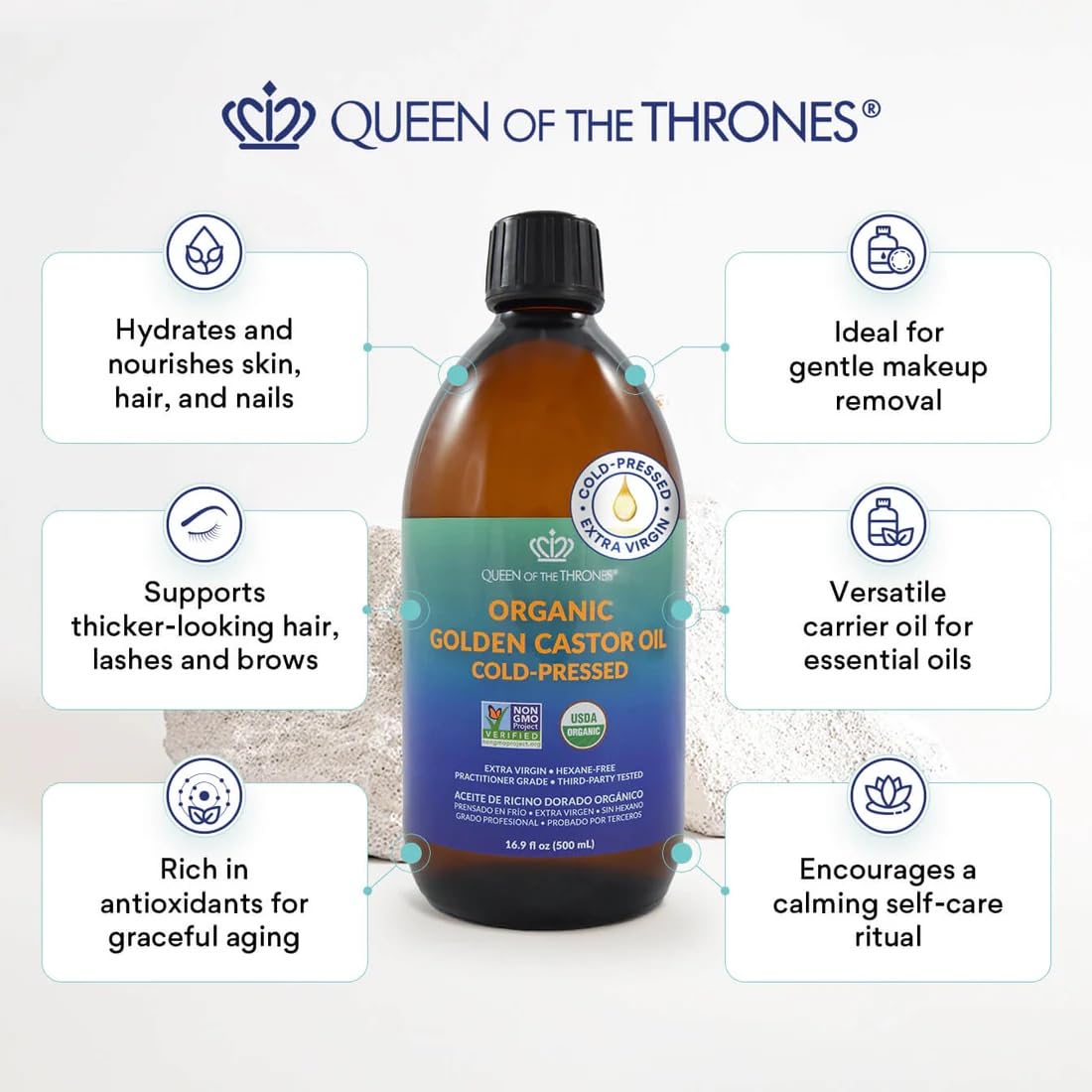 QUEEN OF THE THRONES Organic Golden Castor Oil pouring for easy topical use