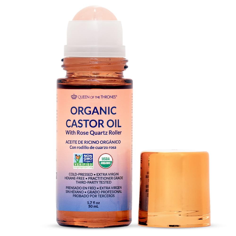 Queen of the Thrones organic golden castor oil roll-on rose quartz bottle for mess-free application