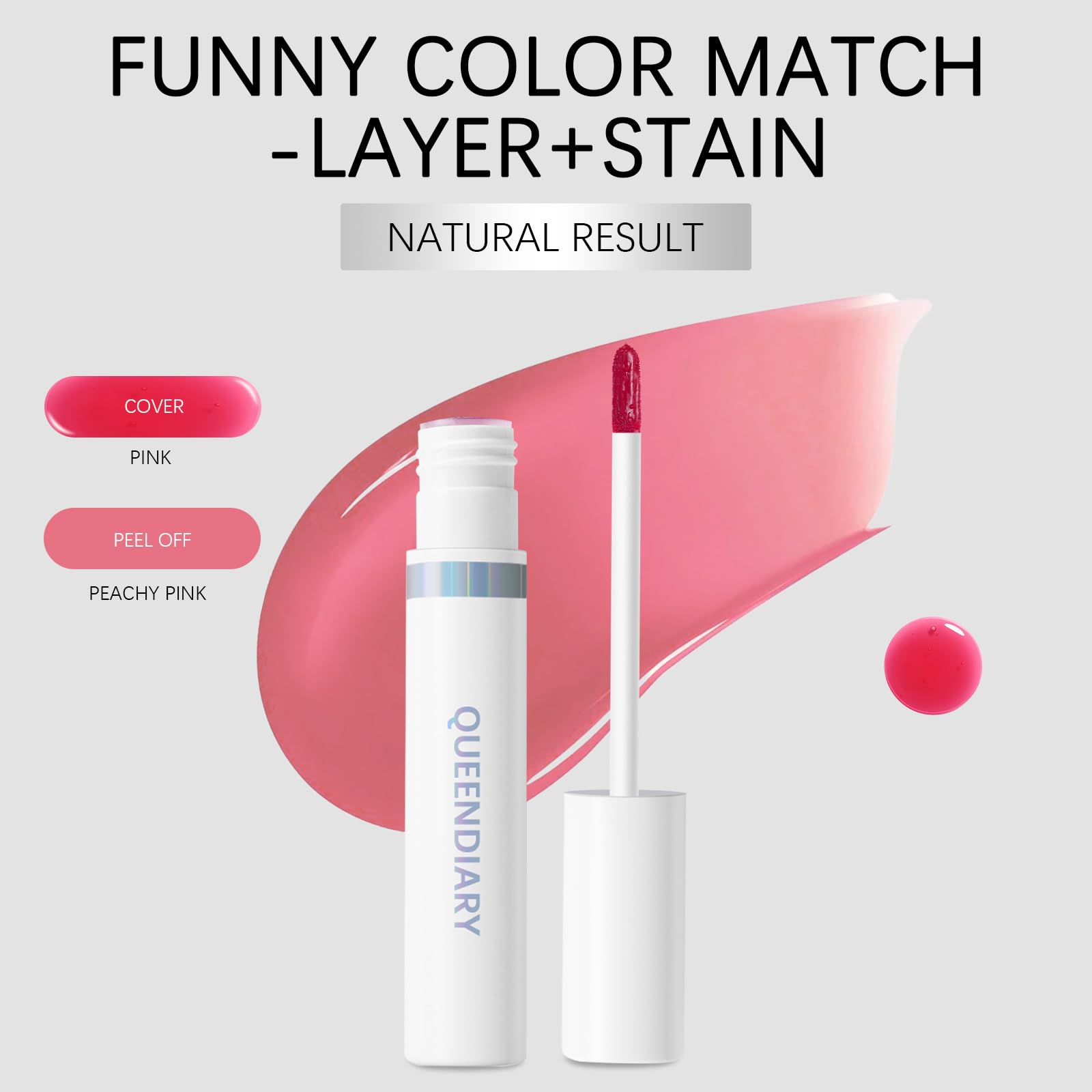 QueenDiary lip stain set-and-wait demonstrates quick setting and peel-away removal.