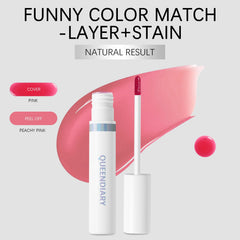 QueenDiary lip stain set-and-wait demonstrates quick setting and peel-away removal.