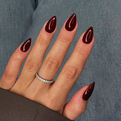 KQueenest dark red press-on nails short almond packshot showing durable daily wear