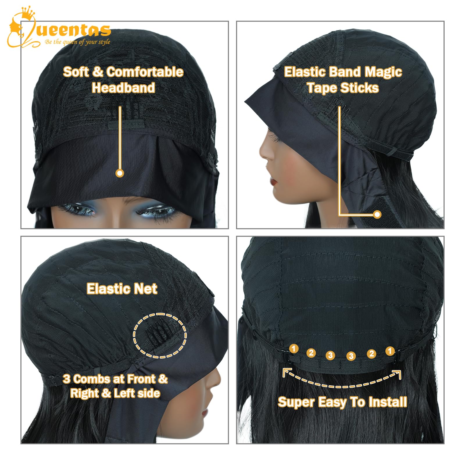 QUEENTAS 14-inch bob headband wig close-up fiber detail highlights heat-resistant fibers