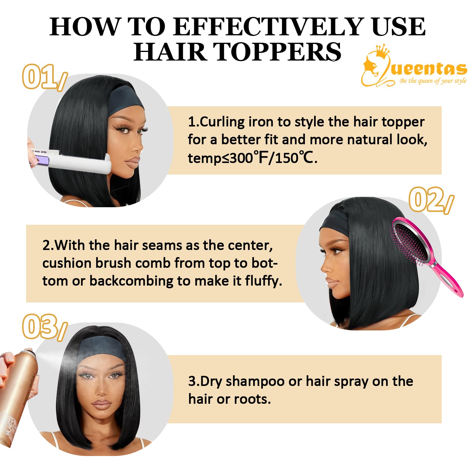 QUEENTAS 14-inch bob headband wig natural black color blends seamlessly