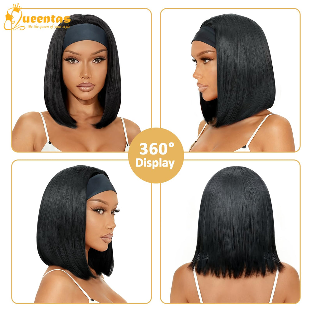 QUEENTAS 14-inch bob headband wig ponytail-ready close-up illustrates versatility