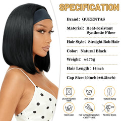 QUEENTAS 14-inch bob headband wig side view highlights natural-looking fullness